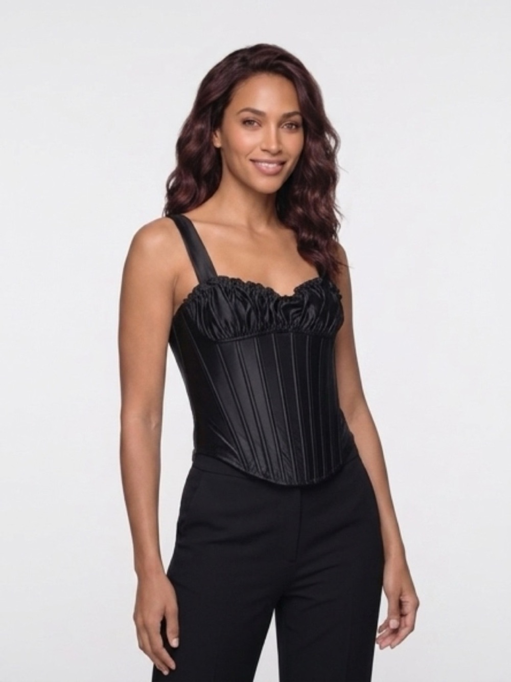 Black Satin Ruched Corset Tank Top - Women Intimates